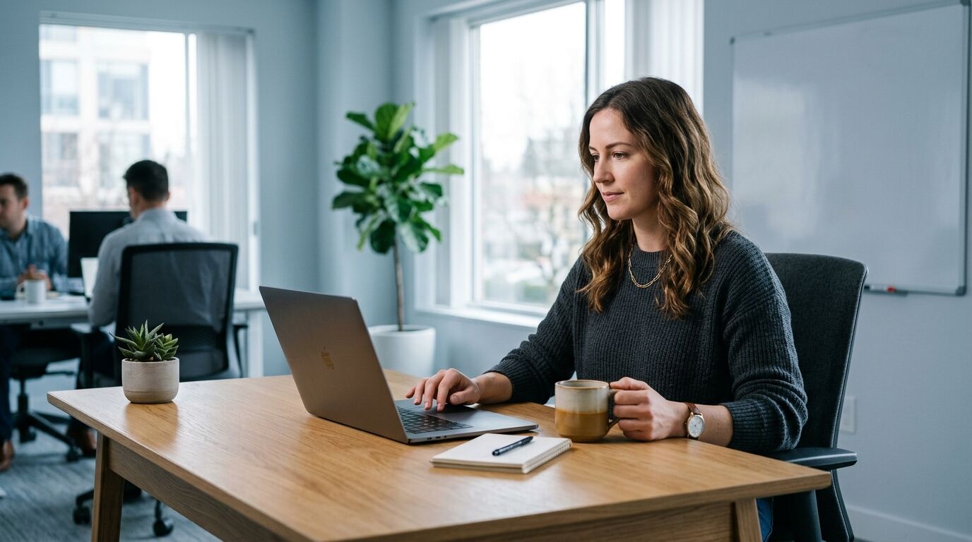 A sales rep running an AI sales role play drill at a desk with a headset