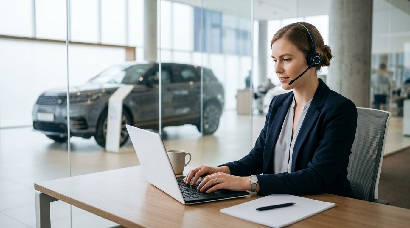 A dealership BDC agent on a phone headset working leads at a desk with the showroom behind her