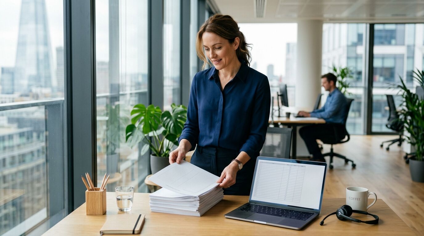 A sales manager reviewing a printed lead list beside a phone headset while buying sales leads for an outbound team
