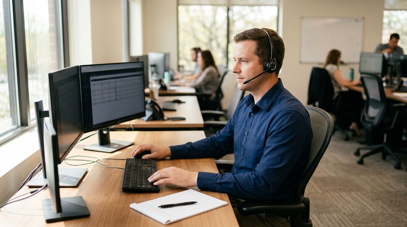 A freight broker cold calling carriers from a desk with load boards open on two monitors