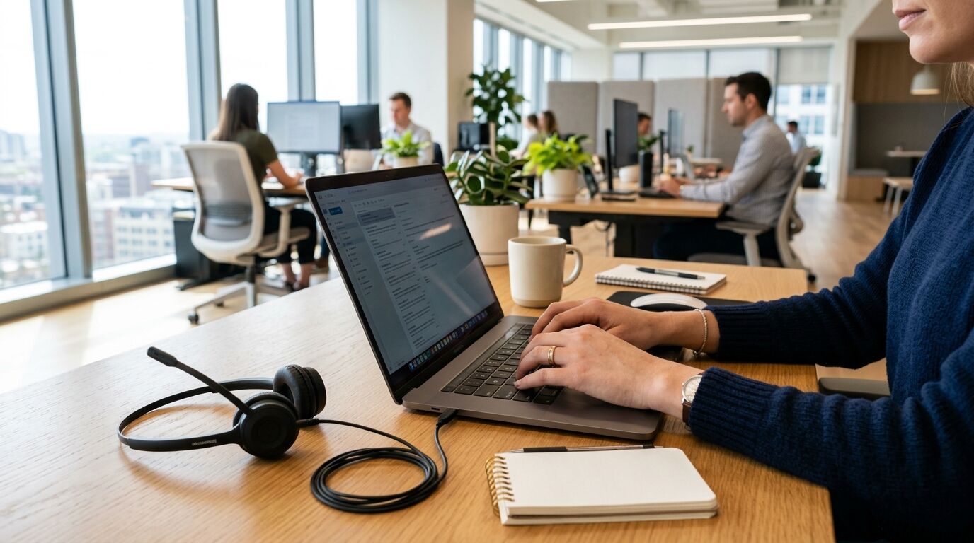 A sales manager checking an internal do not call list on a laptop in an office