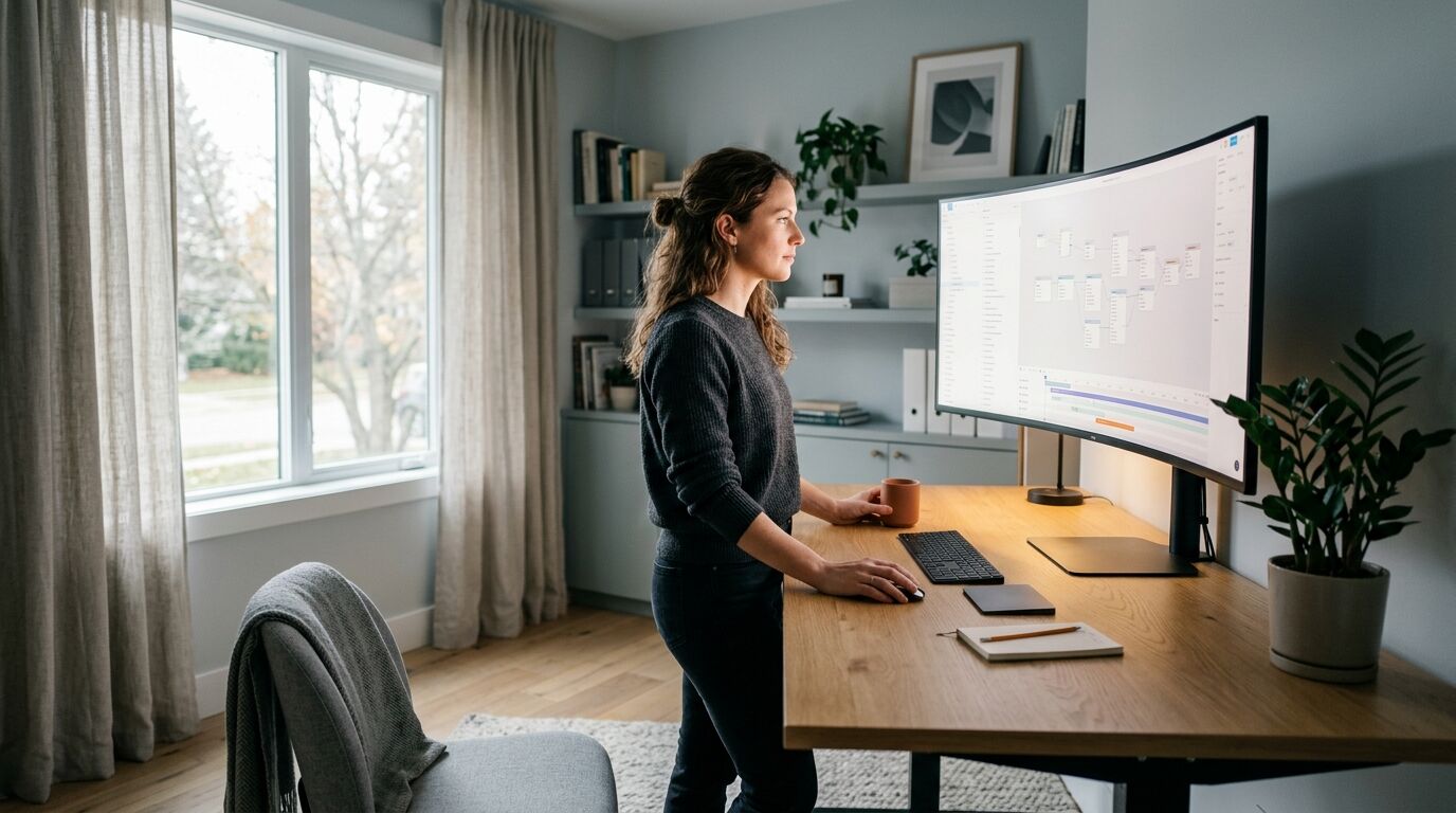A sales rep reviewing a lead scoring list on a monitor before starting a calling block