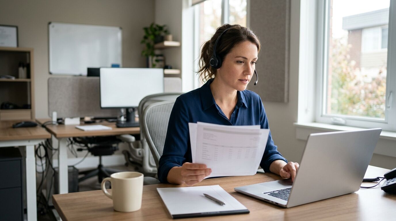 A merchant services cold calling rep at a desk reviewing a processing statement while on a headset call