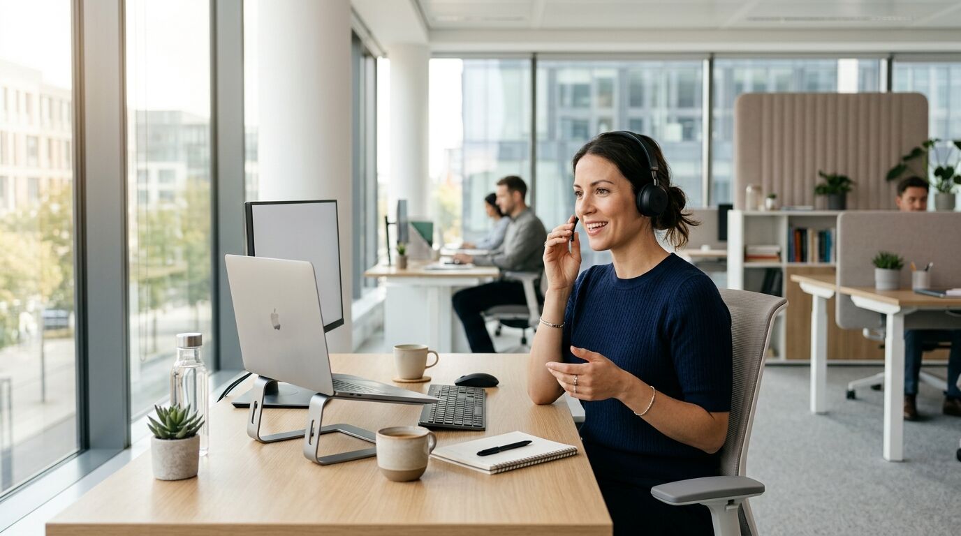 Sales rep at a desk running a parallel dialer with several call lines active on the screen
