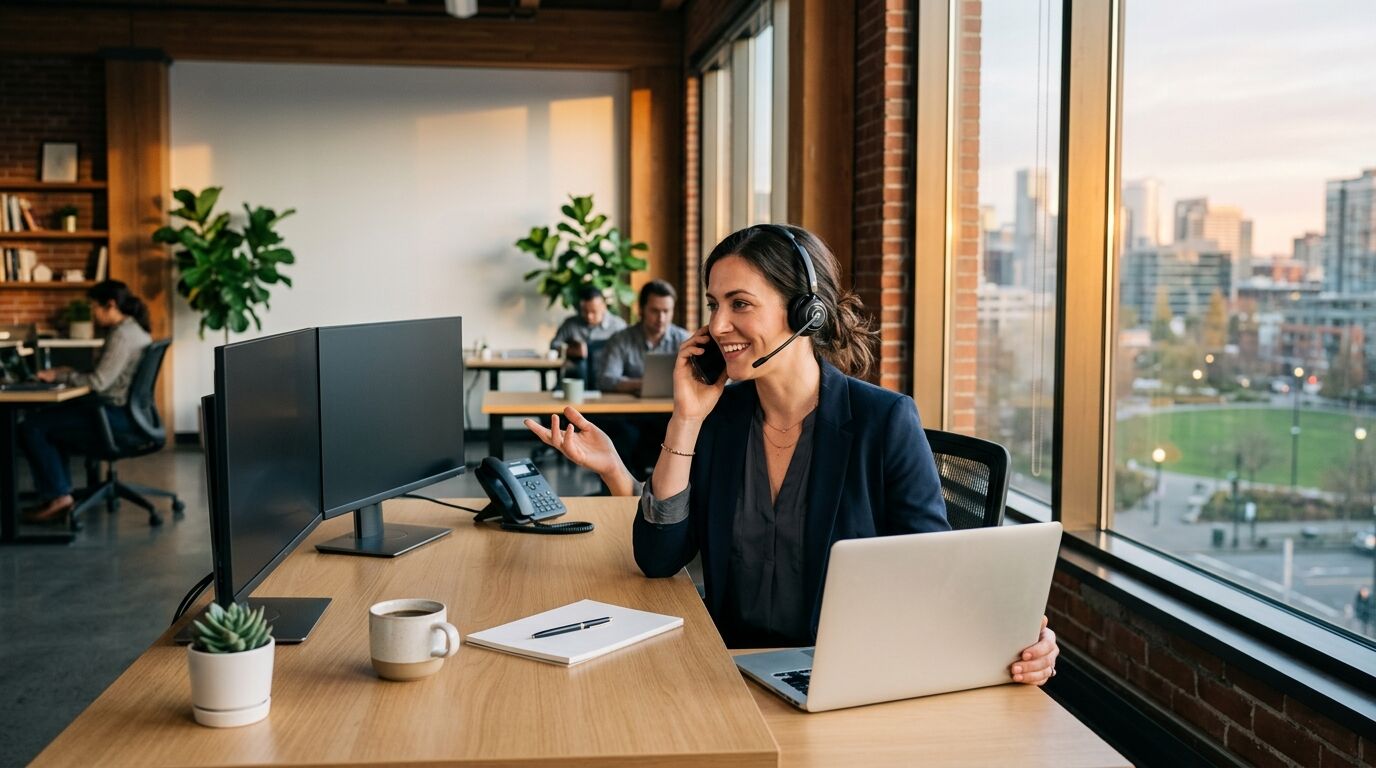A sales rep reviewing a ringless voicemail campaign and callback log on a desk phone and laptop