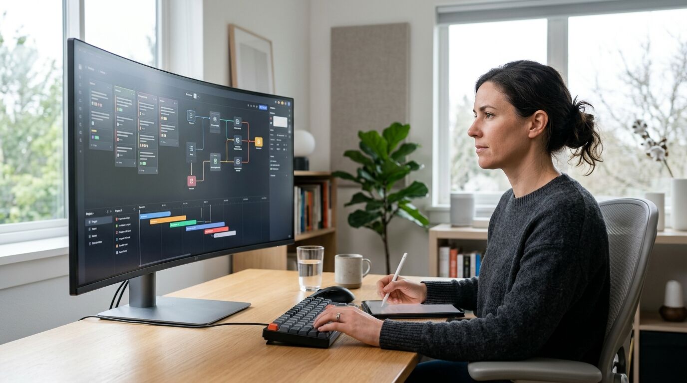 Financial advisor at a desk reviewing a sales automation follow-up list for client meetings