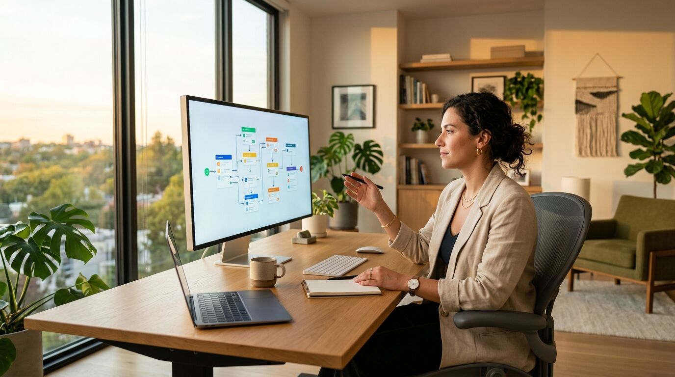 Loan officer reviewing a sales automation workflow for mortgage brokers on a desktop monitor