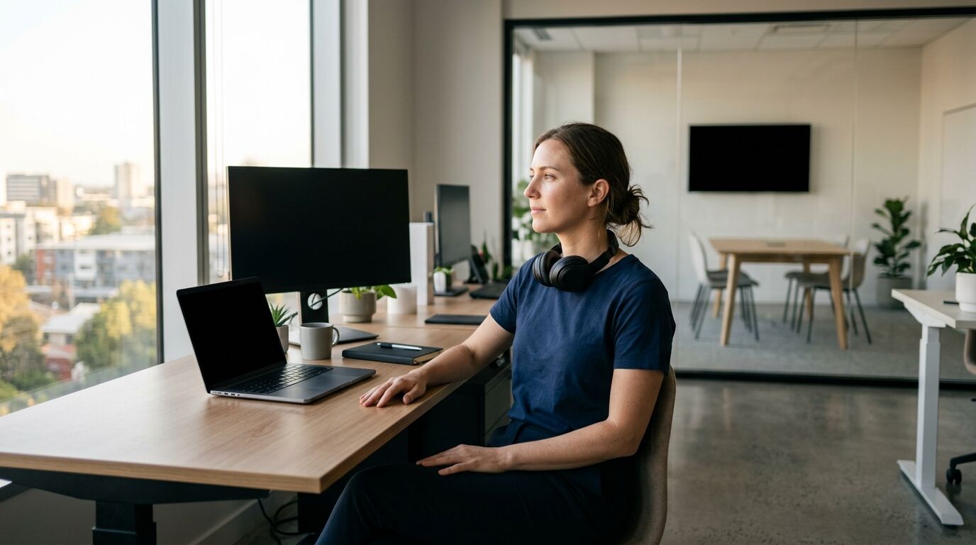 A sales rep pausing at a desk with a headset before dialing, the moment where sales call reluctance shows up