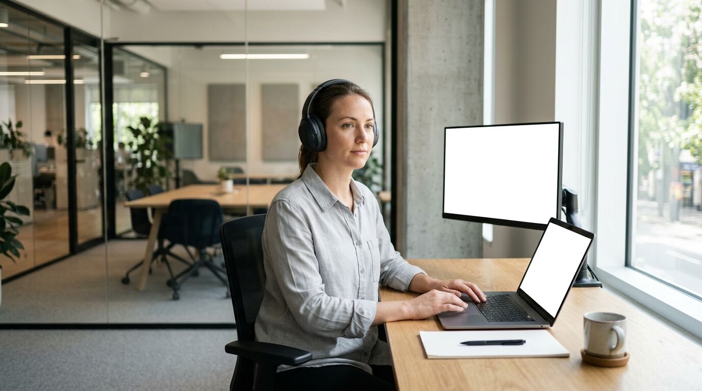 A sales manager reviewing a sales call scorecard on a laptop while listening to a recorded call