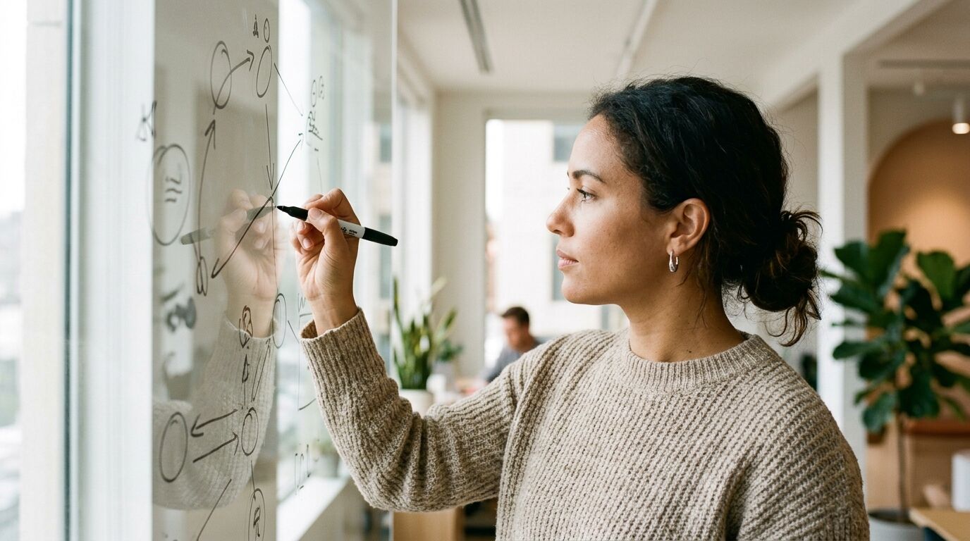 Inside sales rep at a desk planning sales calls per day beside a wall clock