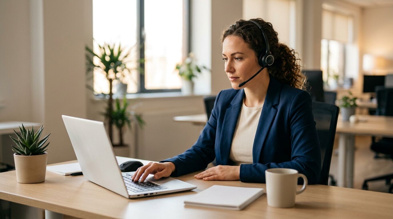 A sales rep on a headset at a desk reviewing outbound call results, where STIR/SHAKEN attestation is only one input