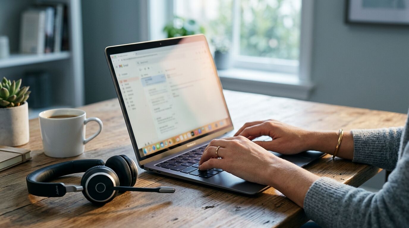 Sales rep using voicemail drop on a headset call at a tidy office desk